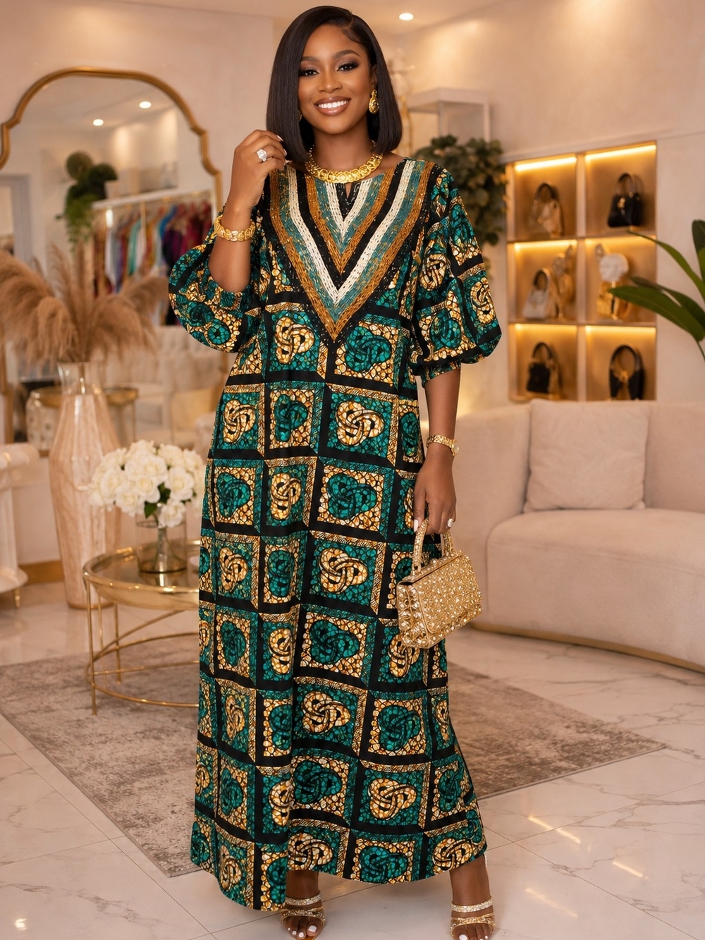 Ankara Dress Emerald & Gold Printed Maxi Dress — Elegant Women's Maxi